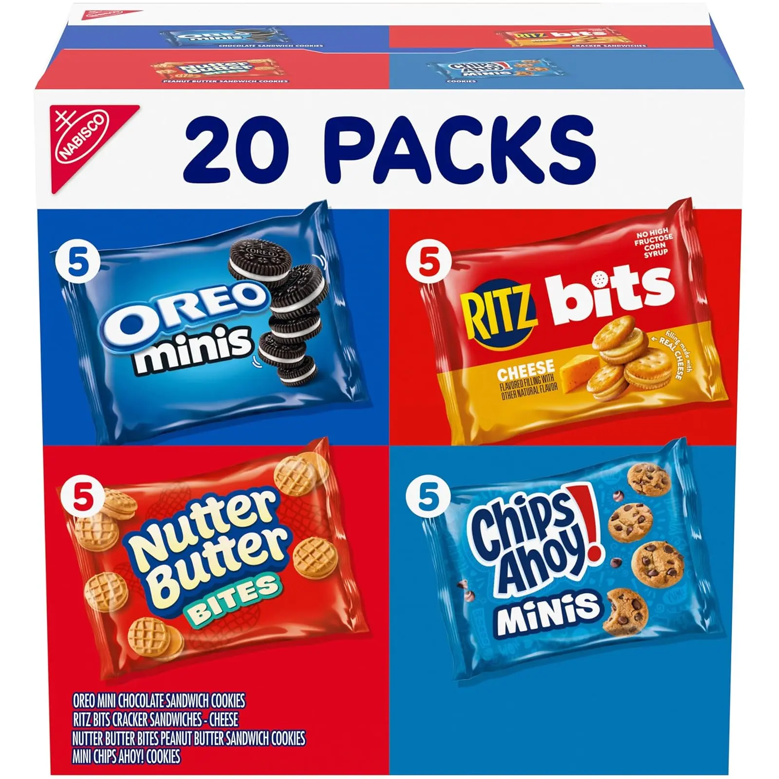 Snacks Variety Pack, 4 Flavors, Cookies & Crackers, 20 Snack Packs | OREO Minis, NUTTER BUTTER Bites, CHIPS AHOY! Minis Cookies, and RITZ Bits Cheese Sandwich Crackers, Individually Wrapped