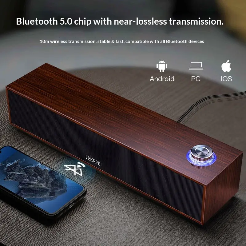 E350MB Wired Bluetooth Audio Multimedia Computer Desktop Long Wooden Speaker Subwoofer