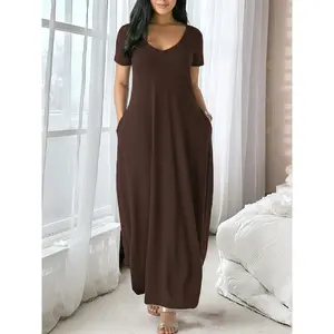 2026 Women's Long Coffee Dress, Large Round Neck Short Sleeve Pocket Sleepwear, Casual Home Clothing Soft Fabric All Seasons Wear..