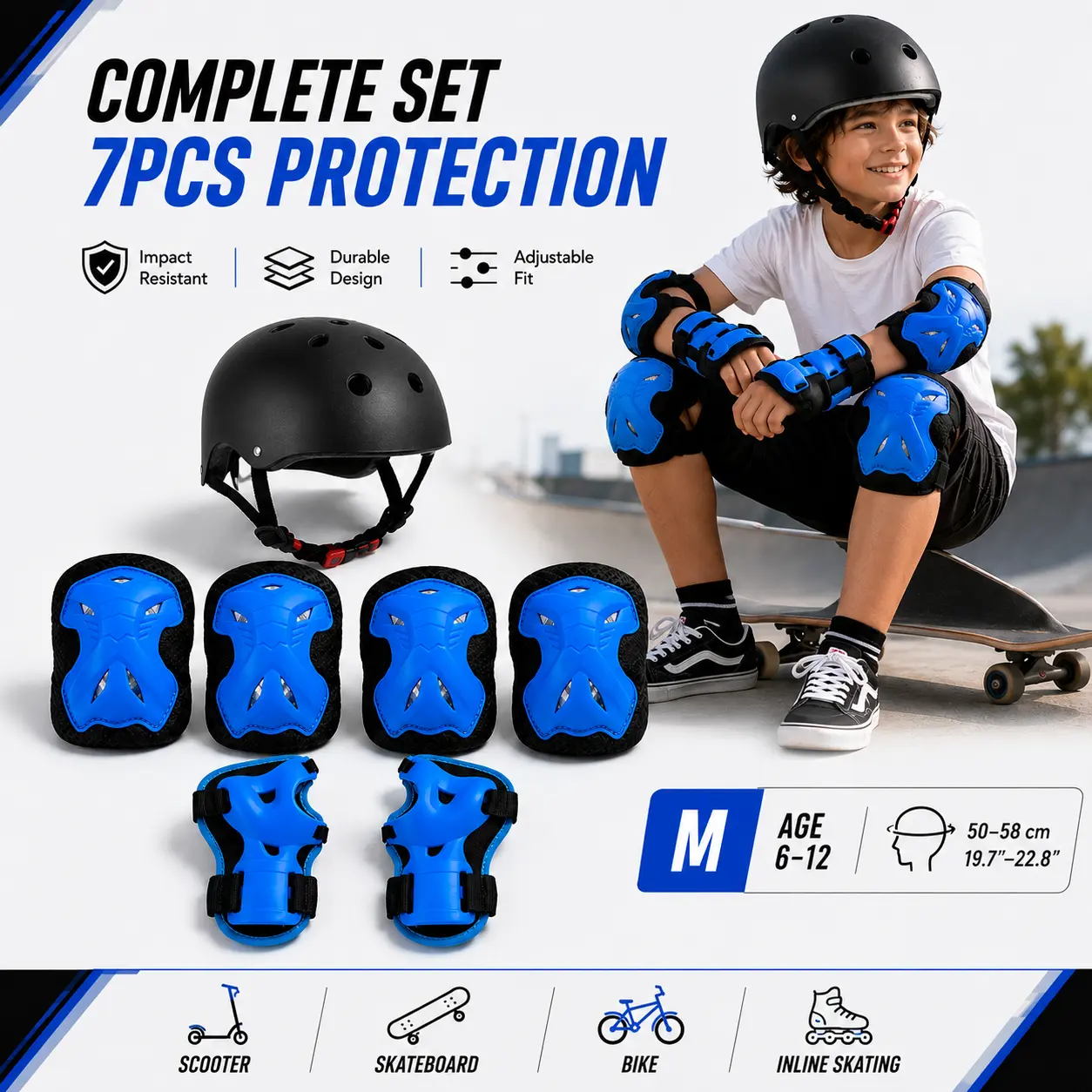 7-in-1 Kids Protective Gear Set – Adjustable Helmet & Knee/Elbow/Wrist Pads for Bike/Skateboard/Scooter – Ages 6-12