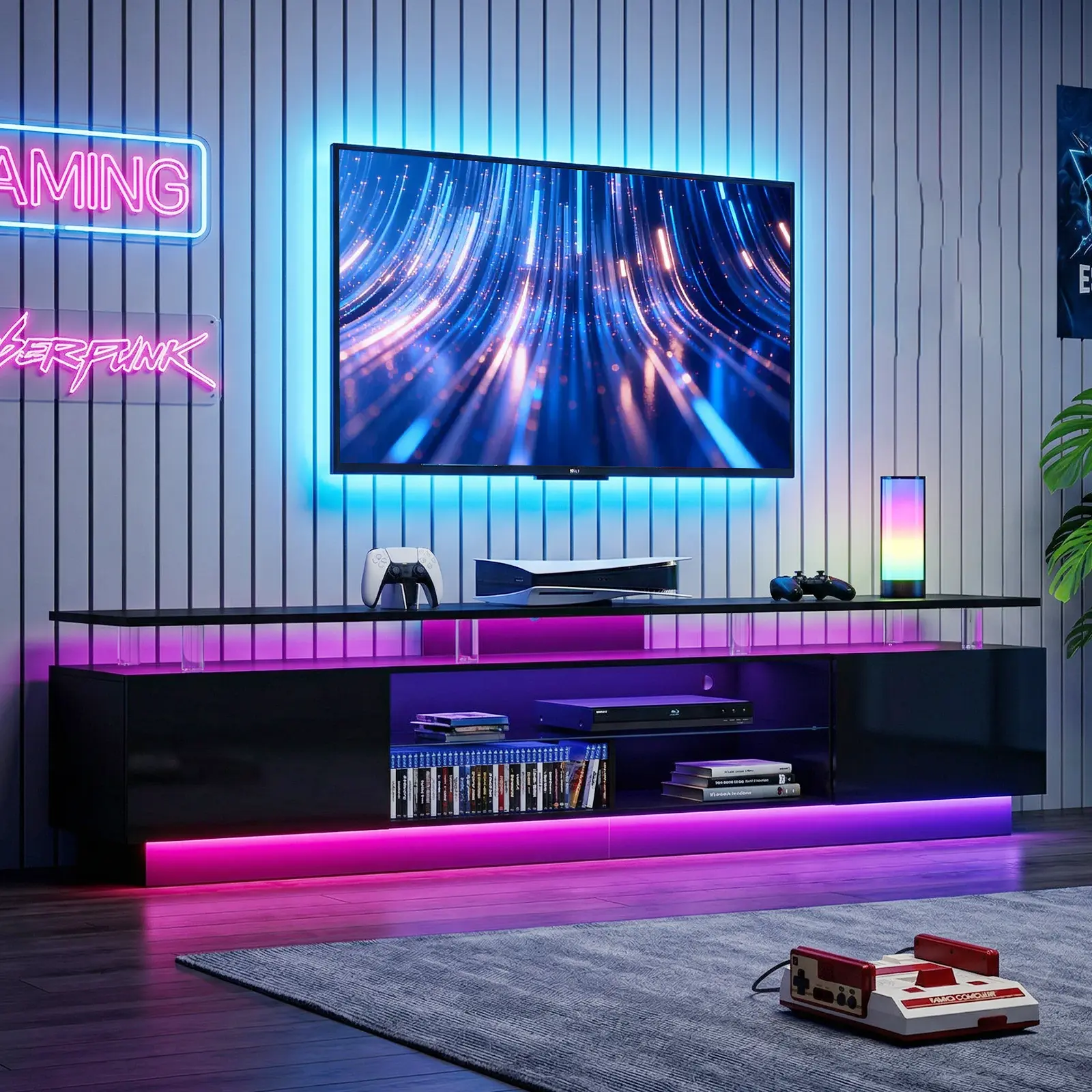 【TV stand only】Jolydale 70” /80" High-Glossy TV Stand with 2 Side Cabinets, Modern Stylish TV Console with 3 Layer LED Lights,Gaming TV Media Console with Adjustable Glass Shelf, Remote&APP Control, Black