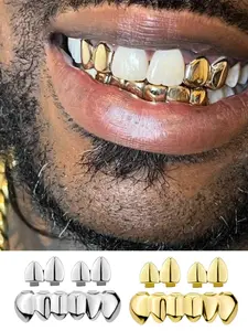 3Pcs Men's Top & Bottom Tooth Set, Hip-Hop Fashion Jewelry, Polished Design, 14k Gold Plated Copper Material, Men's Teeth Grill Accessories