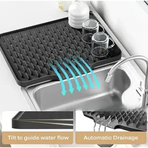 Large Kitchen Sink Dish Drying Organiser Rack, Non-Slip Silicone Drain Board, Heat Resistant Easy Clean, with Utensil Storage, Fits Countertop Sinks
