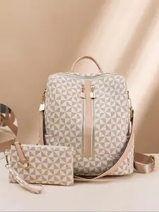 Fashionable Geometric Pattern Backpack & Wristlets Bag, Casual Printed Backpack, Lightweight Casual Daypack, Casual Large Capacity Backpack, Trendy Versatile Travel Durable Backpack for Women