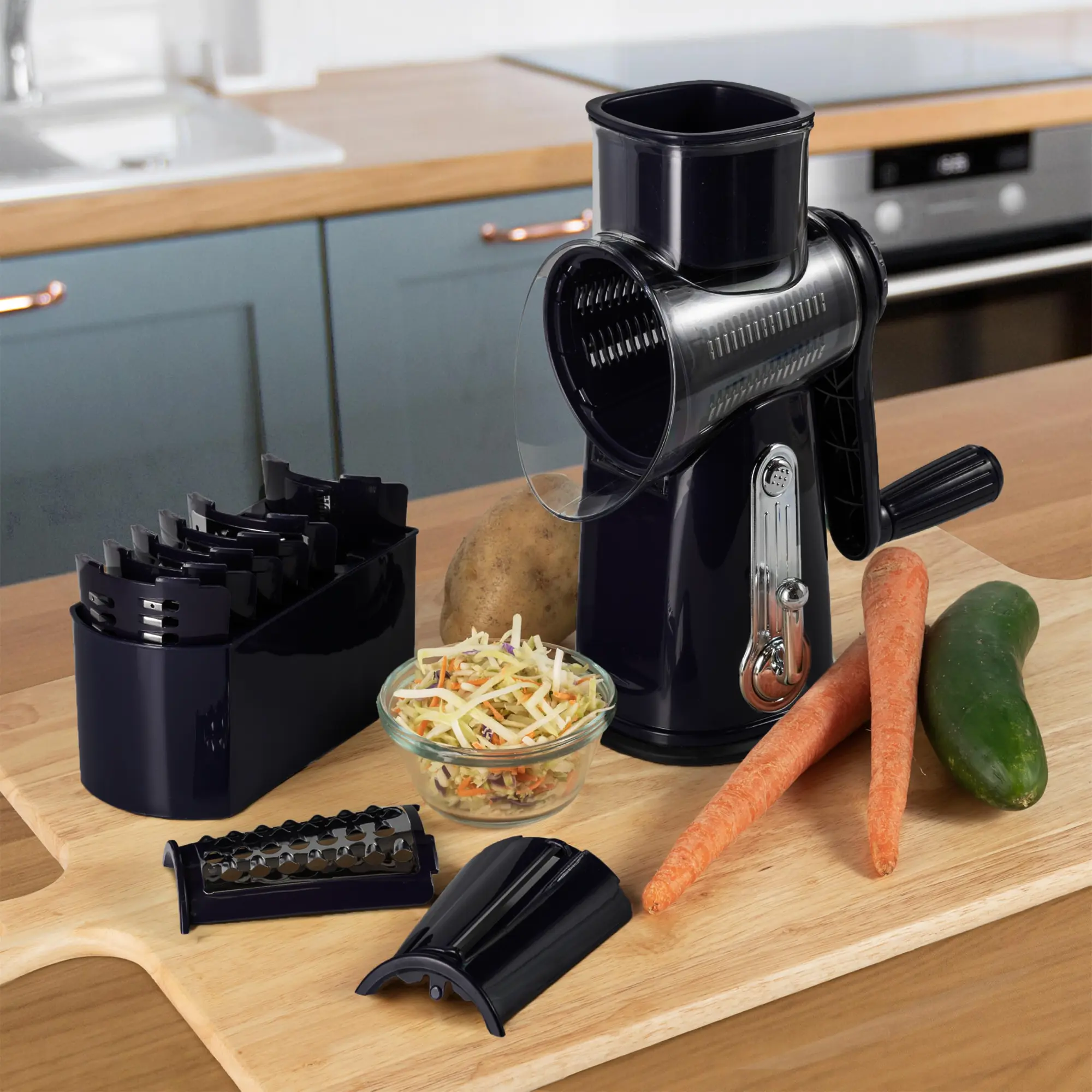 Rotary Cheese Grater with Handle Vegetable Shredder with 5 Well-designed Blades & Strong Suction Base,Round Mandoline Slicer & Food Chopper for Kitchen (Black)