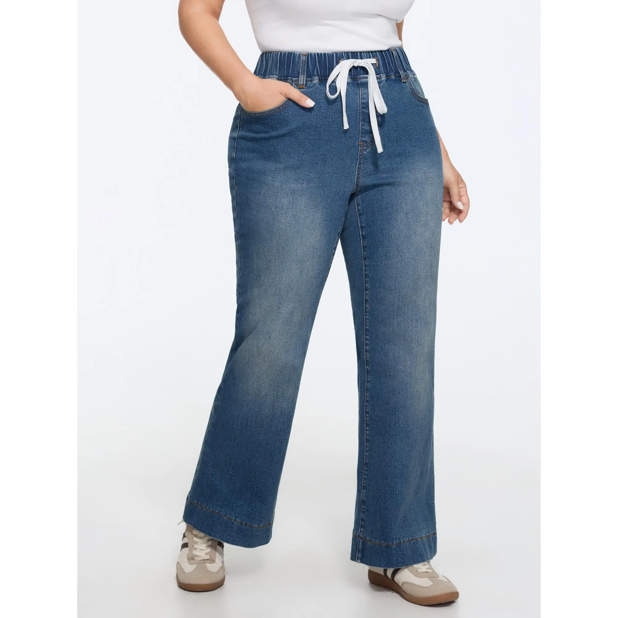 BLOOMCHIC Women's Plus Size Cotton Blend Straight Leg Jeans - Stretchy, Drawstring Elastic Waist, Tie Closure, Below Ankle, Cold Machine Wash [M-6X] 2026 Summerfinds