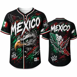 2026 Mexico Inspired Black Button Down Baseball Jersey for Men, Graffiti Eagle Head Graphic, Mexico Map Wing Back Print, Red Green Brush Designs, Flag Sleeve Accents, Short Sleeve Sports Shirt, Casual Futbol Game Day Top
