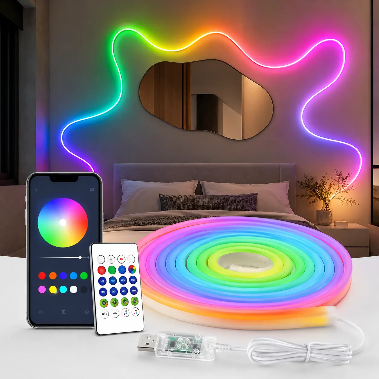Super Bright RGB LED Neon Rope Lights,5V IP67 Waterproof Flexible Strips with Remote & APP Control, Music Sync Lights for Bedroom Wall Decor, Gaming Room & Party Decor, 1 Rolls of 16.4ft, Summer Wins