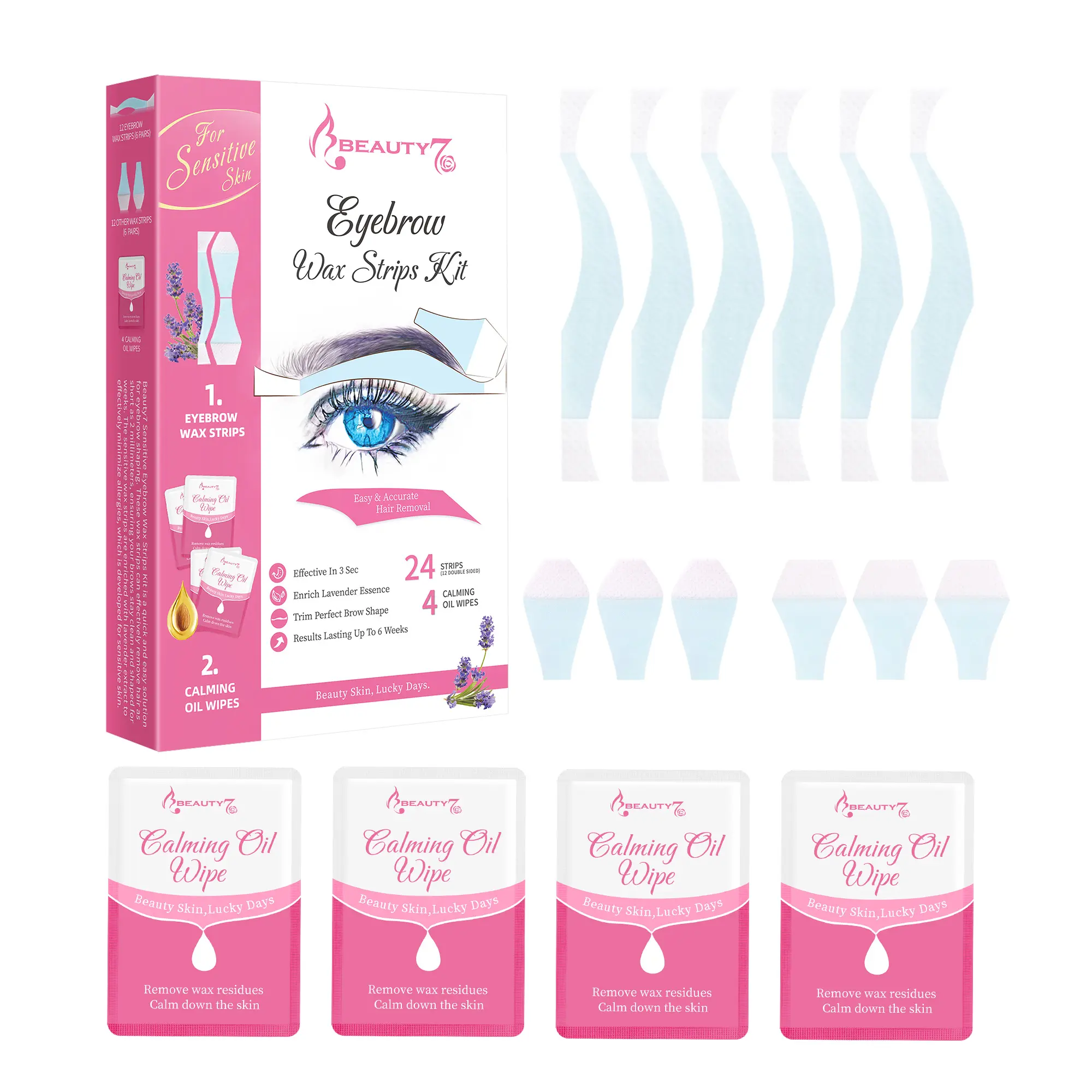 Beauty7 Lavender Infused Botanical Eyebrow Waxing Kit - Gentle Hair Remover for All Skin Types, 24 Sensitive Skin Women Wax Strips (Double-Sided), 4 Calming Wipes, Flawless Shaping, 6-Week Long Lasting Results, 3-Sec Wait, 4 & Above Multi-Pack