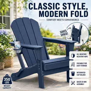 Folding Adirondack Chair HDPE Plastic Outdoor Lounge Chairs Heavy Duty with Built In Cup Holder Dark Blue Weather Resistant Patio Furniture for Fire Pit Seating Backyard Deck Lawn Garden Poolside Relaxing Porch Decor