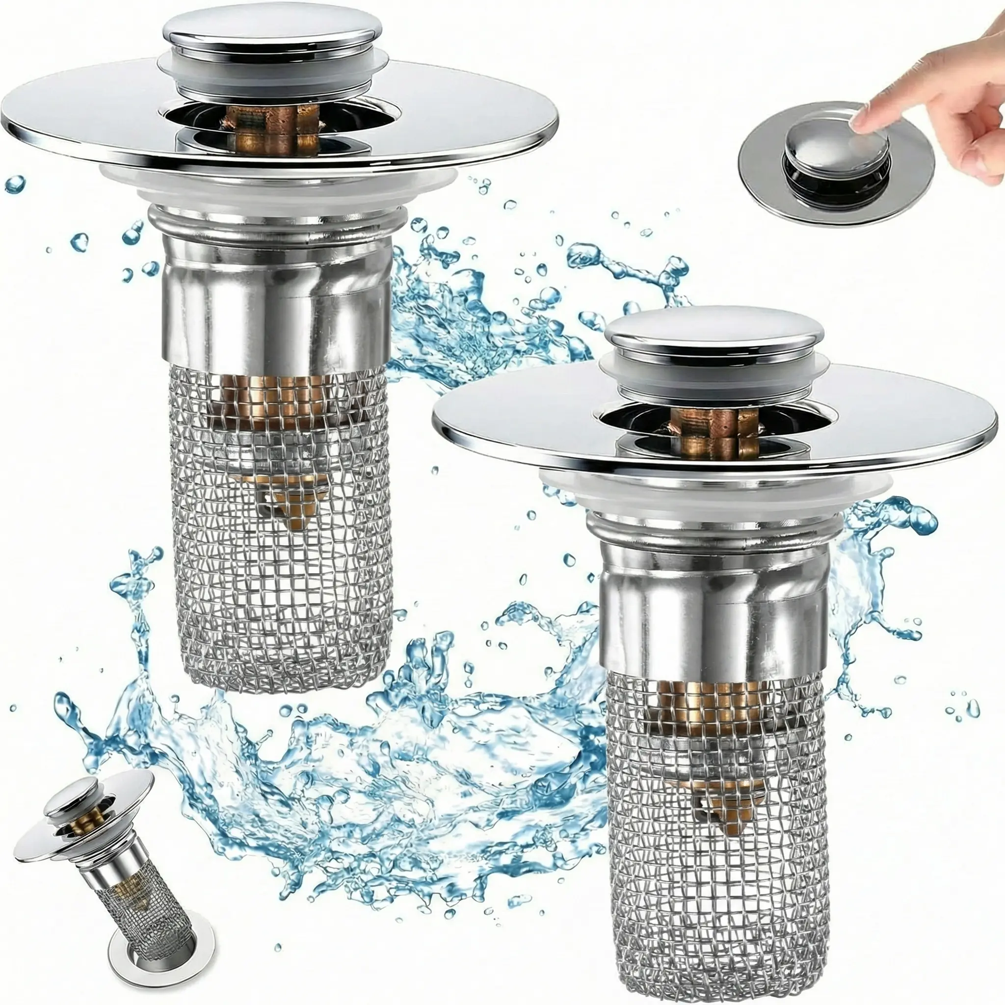 2 Pack Durable Pop-Up Bathroom Sink Drain Strainer Stopper, Removable Stainless Steel Hair Catcher Basket, Brass Core Replacement for Bathroom Sinks