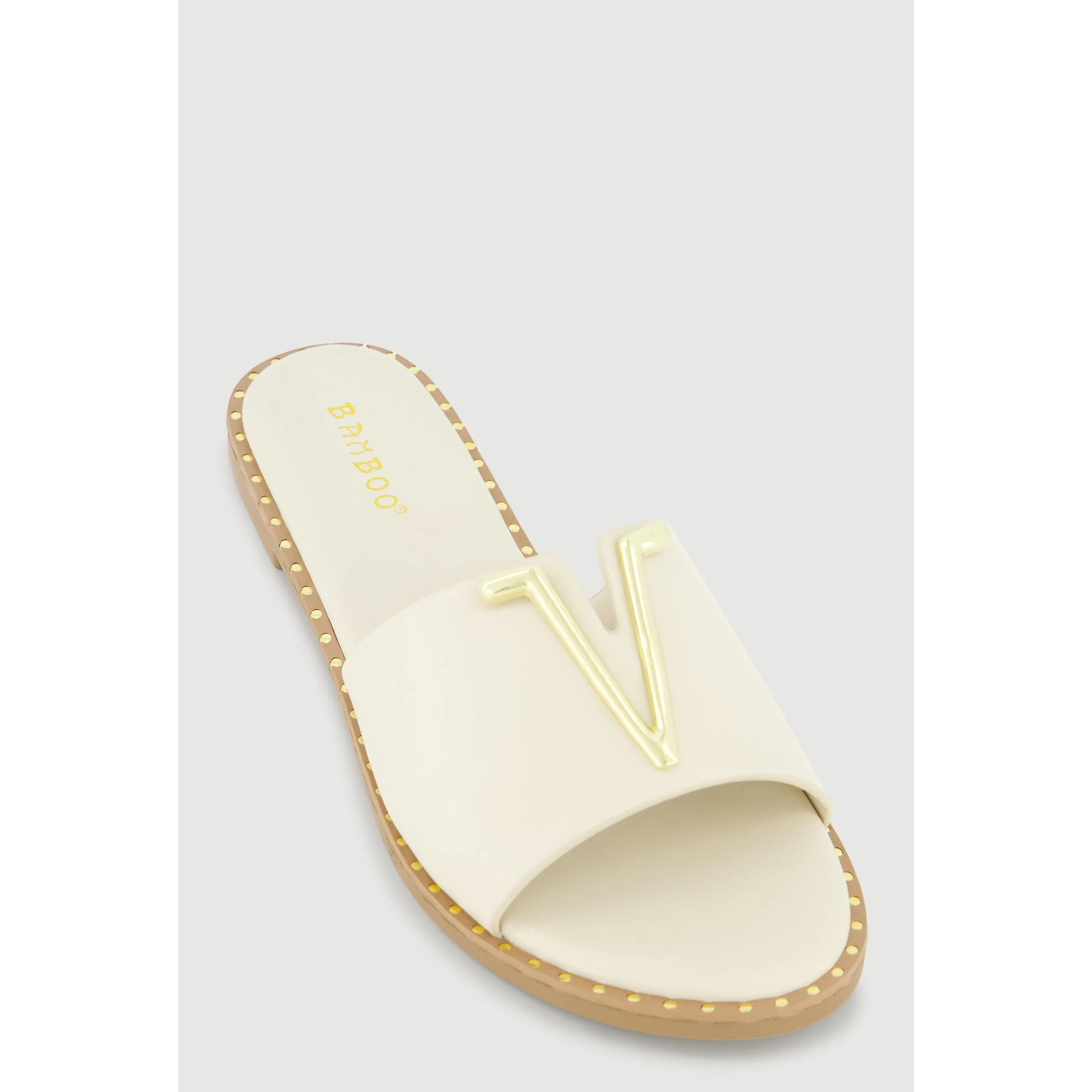 Metallic V Pendant Notched Band Slide Sandals Metallic V Pendant Notched Band Slide Sandals