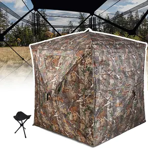 Hunting Blind 2-3 Person with Portable Hunting Chair, 270 Degree See Through Pop up Ground Blinds for Deer Turkey Duck Hunting, Bow Hunting Adjust Windows with Silent Zipper