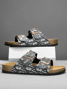 Men's Soft Cork Slippers with Print Design, Trendy Touch, Dual Metal Buckles Walking Shoes, Comfortable Cork Sole, Perfect for Home & Outdoor Casual Wear