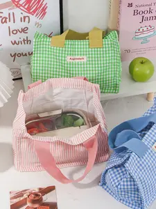 Cute Plaid Lunch Box Bag, Large Capacity Food Storage, Striped Print, Camping Snack Pouch, Macaron Color Container, Portable Picnic Bag, Bento Bag, Cute Bento Bags