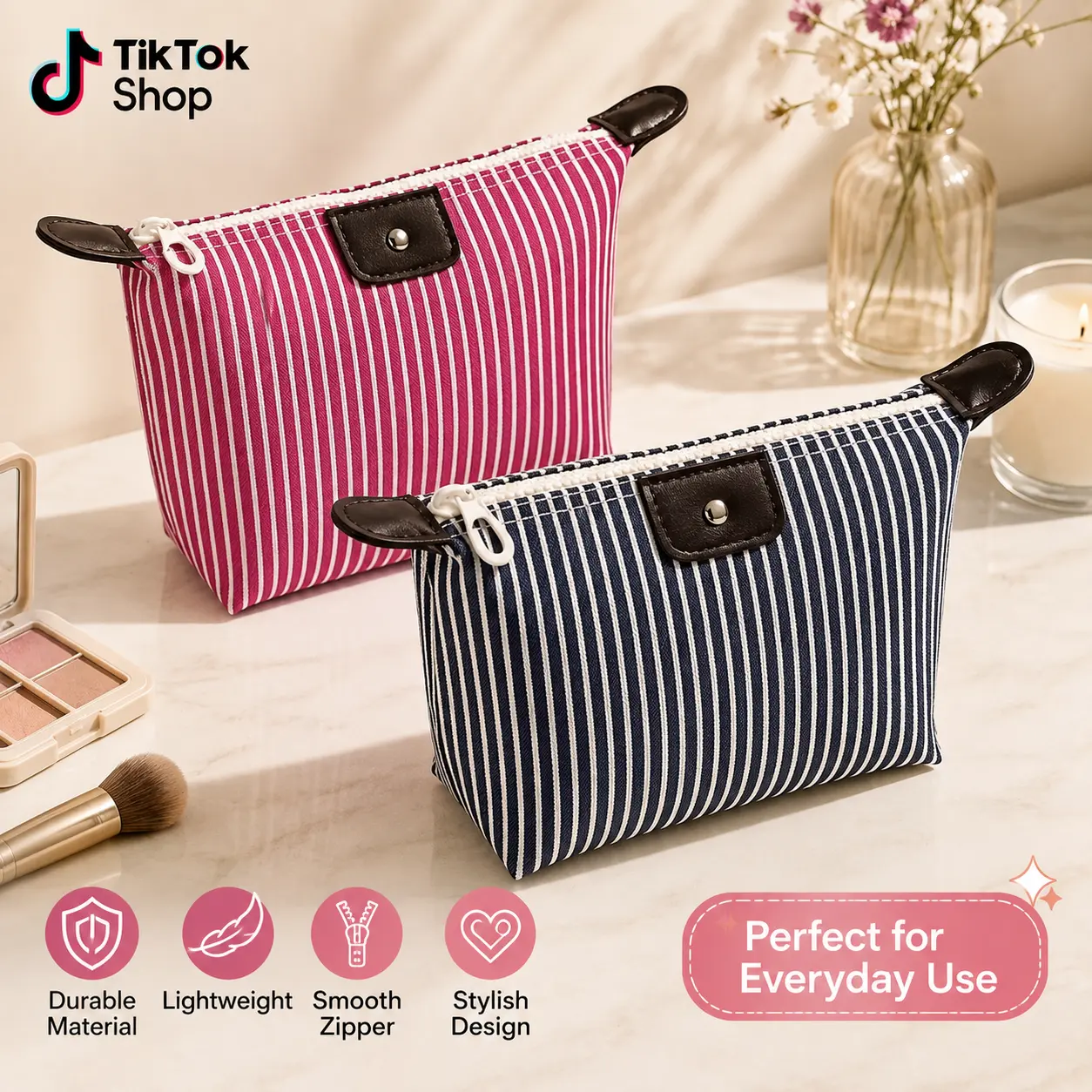 Preppy Makeup Bag – Nylon Travel Cosmetic Pouch, Light Pink Toiletry & Skincare Bag