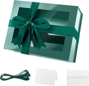 Green Gift Box with Window, 9x6.5x3.8 Inches, Clear Gift Box for Present Contains Ribbon, Card, Groomsman Proposal Box, Gift Box with Magnetic Lid