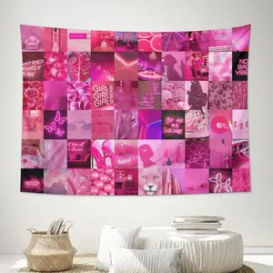 Fashion Pink Collage Tapestry Aesthetic Wall Hanging Tapestries Cute Preppy Banner For Teen Girl Bedroom College Dorm Home Living Room Party Decor 30X40 In
