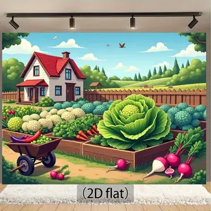 1-Piece Polyester Farm Garden Wall Tapestry Backdrop Banner - 2D Flat Fabric Decor with 3D-Look Vegetables, Wooden House, Greenery, Bees, Tree, Ornaments, Multi-Size, Non-Electric for Party, Wall Tapestries,summerwins