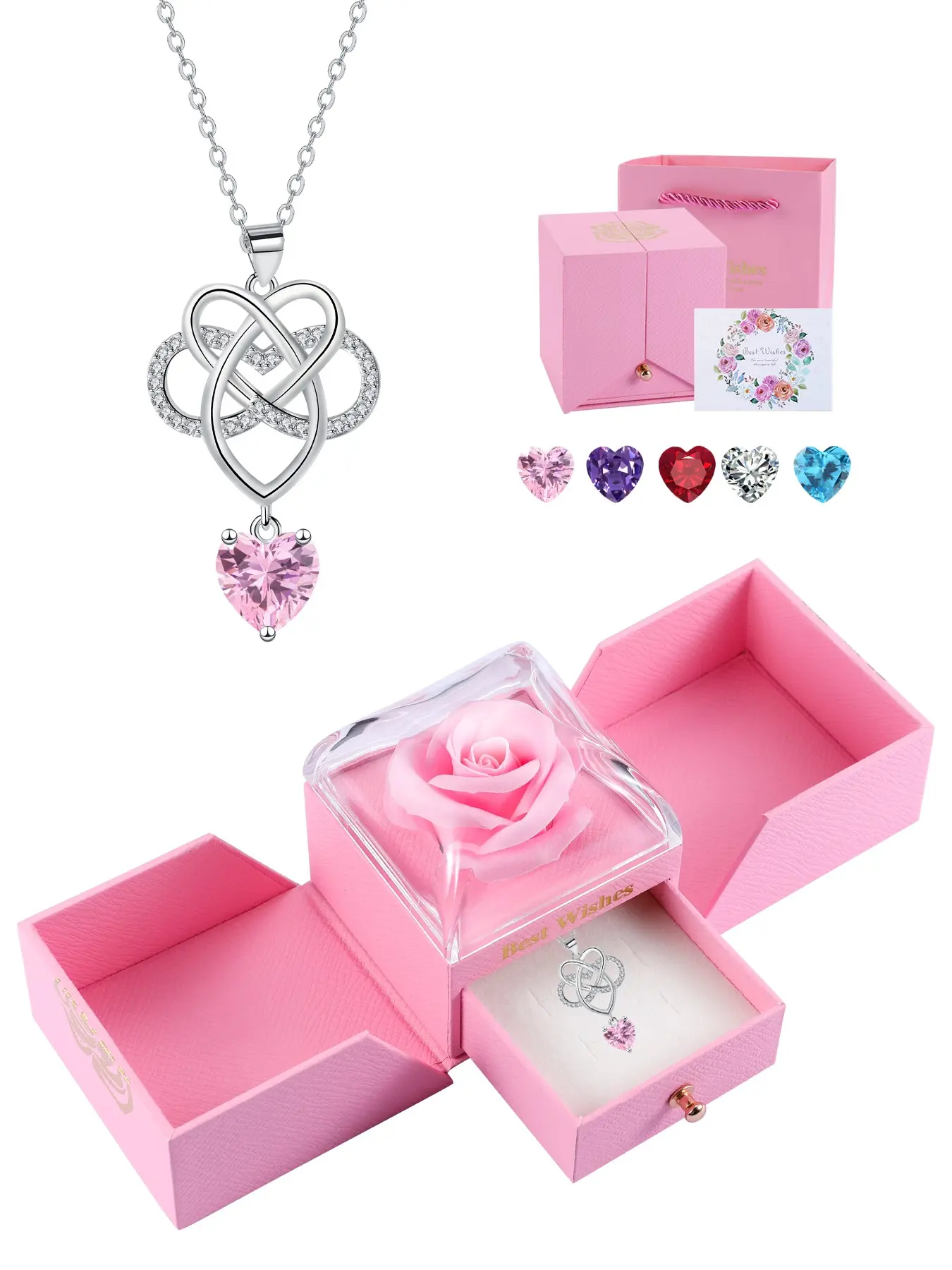 Infinity Celtic Knot Heart CZ Necklace With Rose Jewelry Gift Box, Irish Pendant Good Luck Jewelry Gifts for Women, Mother's Day Birthday Valentines Gift for Her Mom Wife Girlfriend