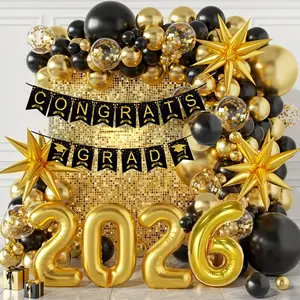 111-Pcs 2026 Graduation Season Theme Balloon Arch Set | Congratulations Graduation Banner, 32-inch 2026 Golden Number Balloons, Black & Golden Latex Balloons, Self-Sealing Emulsion and Film Balloons for Graduation Party Atmosphere Decoration