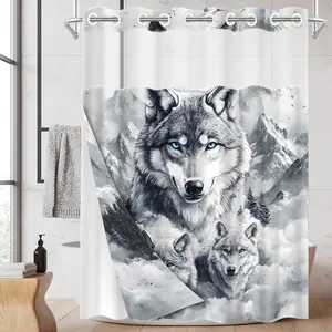 1PC 2D Flat Wolf Pack Snow Mountain Pattern Double-Layer Woven Shower Curtain (No Hooks), Transparent Top Window, Removable Liner with Clips, Modern and Unique Home Bathroom Partition Art Decoration, Bathroom Decor, Holiday Decoration