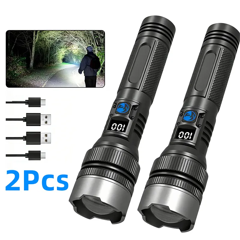 2PCS  2-in-1+Power Bank Flashlight，Digital display ofpower, Rechargeable,Zoomable,,X4Waterproof,Adjustable Brightness Flash Light for Outdoor, Emergency,Camping Accessories, Black BackToSchool
