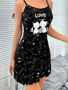 Women's Sleeveless Strap Nightdress, Spring Summer All-Over Print Sleepwear, Comfortable Ladies' Pajamas for Home Use