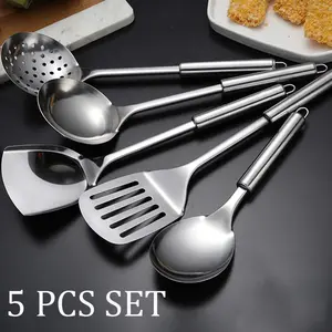 5 Pcs Stainless Steel Cooking Utensils Set Heat Resistant Kitchen Gadgets Utensil Set Includes Slotted Spoon, Slotted Spatula, Large Spoon, Soup, Spatula Camping Kitchenware