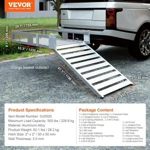 VEVOR Hitch Mount Cargo Carrier, 45.3" x 25.6" Aluminum Hitch Cargo Rack with Folding Ramp, Hitch Rack Basket with Stabilizer and Straps, 500LBS Mobility Scooter Carrier Fit 2" Hitch Receiver