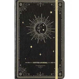 Dotted Journal/Notebook - Dot Grid Hard Cover Notebook,  Thick Paper with Fine Inner Pocket, Black Smooth Faux Leather, Pen Loop, 5.3''x8.3'' - Black