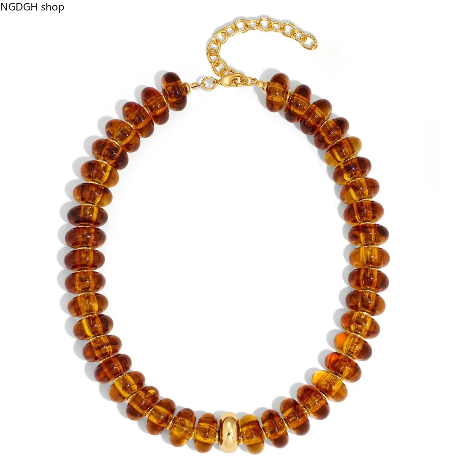 Amber Beaded Choker Necklace, Chunky Disc Beads with Gold Accent, Vintage Tortoiseshell Style, Adjustable Gold Chain, Perfect for Retro Outfits, Fall Fashion & Statement Looks, Beaded Necklaces