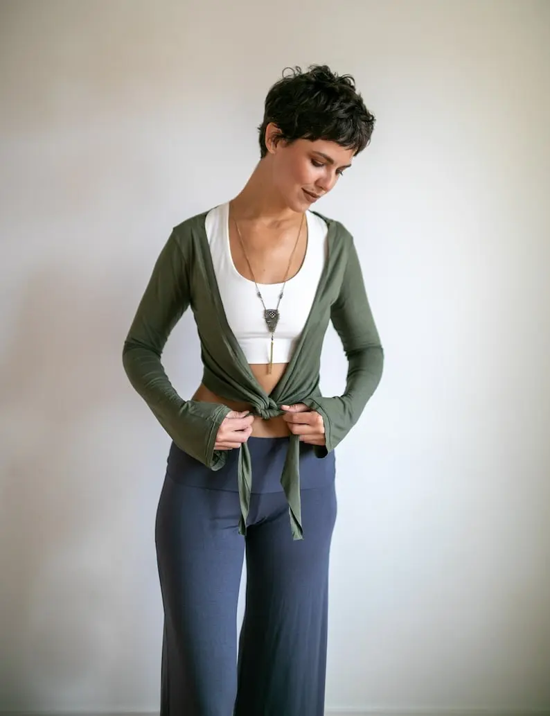 Women's Ballet Jacket - Yoga Wrap Top - Tie in Front Mini Jacket - Olive Cover Up Top