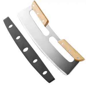14'' Pizza Cutter Rocker with Large Cover - Sharp Stainless Steel Pizza Slicer with Wooden Handles - Large Pizza Knife Cutter Wheel - Easy to Use & Clean - Slice Pizza with Ease