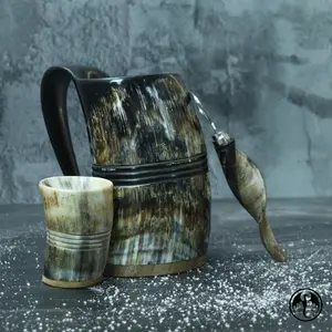 Viking Drinking Horn Mug, 16-20oz| Shot Glass and Bottle Opener| Unique Handmade Ox Mug Set for Hot & Cold Drinks| Viking Gifts for Men & Women| Food Grade Medieval Style (Ring)