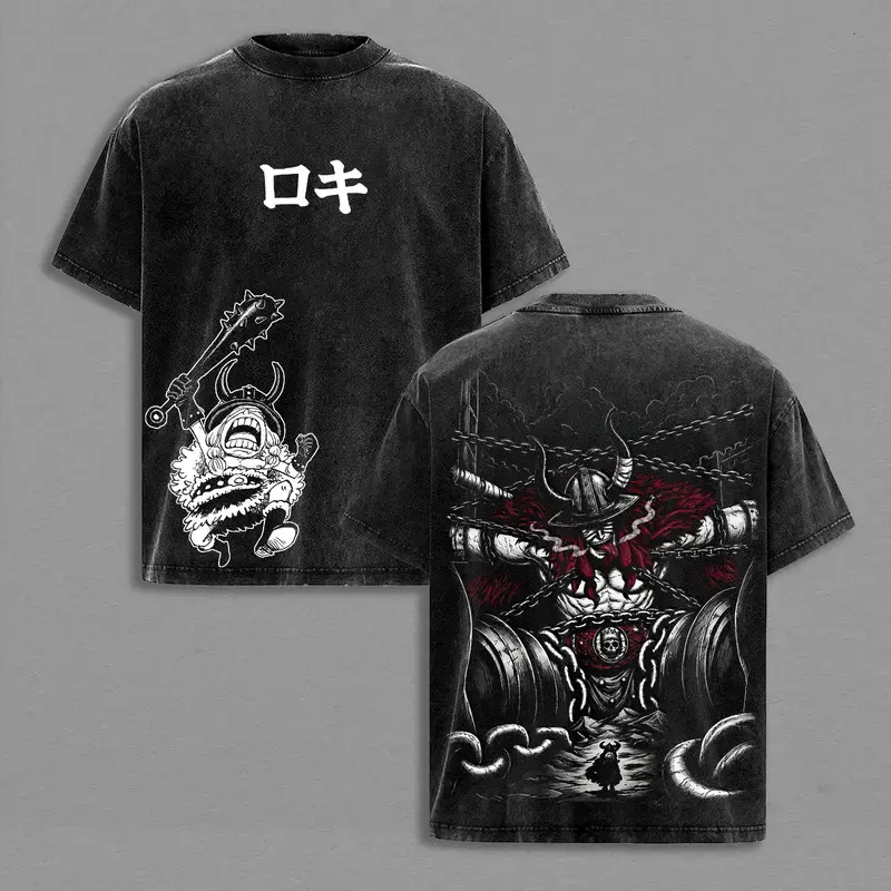 Loki Washed Tee – OP Anime Elbaf Giant Prince Manga Graphic Double Printed T-Shirt, Menswear Heavy Cotton Unisex Oversize Streetwear Vintage Anime Tee Crewneck Tshirt