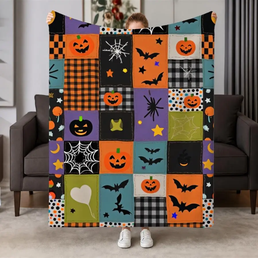 Cozy Weighted Flannel Throw Blanket Suitable for - Warmth - Soft Buffalo Check Patchwork with Pumpkins & Bats, Machine Washable Bedspread for Couch, Bed, Travel