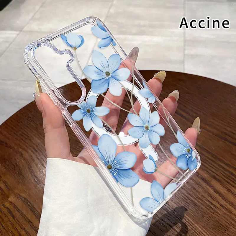 Magnetic Phone Case Compatible With Samsung Galaxy S26 Edge S23 Ultra S24 Plus FE S25 S22+ Blue Flower Reverie Pattern Non-Yellowing Shockproof Soft Silicone Transparent Acrylic Large Hole Supports Wireless Charging Cover