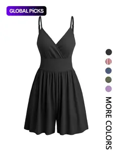 Women's Knitted Plain Backless Wrap Fitted Cami Romper, Casual Chic Adjustable Spaghetti Strap Wide Leg Romper, Summer Outfits 2024, Ladies Clothes for Daily Wear, Jumpsuit