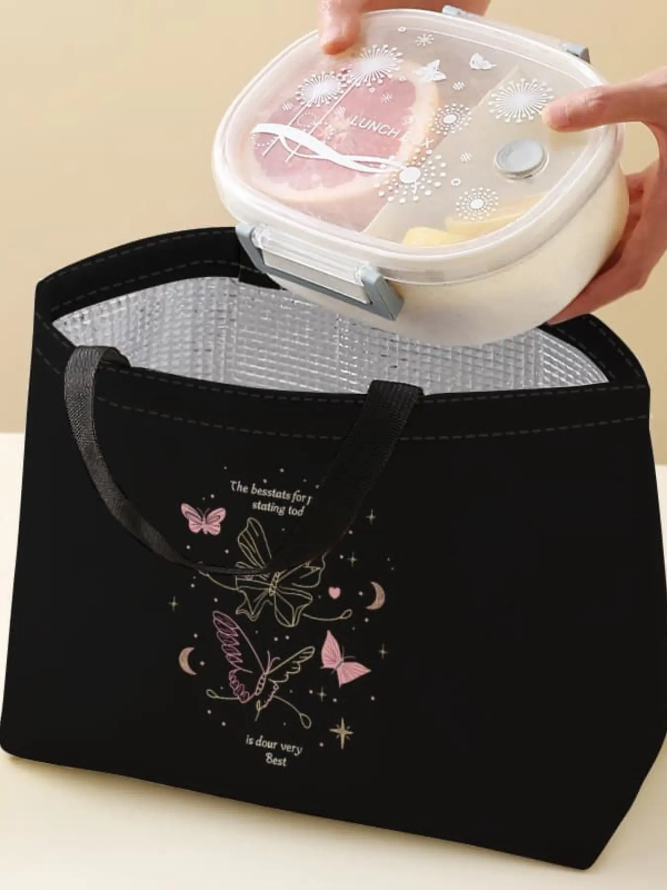 Butterfly Pattern Handbag Portable Lunch Bag, Cute Bento Bag, Women's Casual Shoulder Bag, Large Capacity Camping Student Picnic Food Drink Bag, Multifunctional Insulated Bag