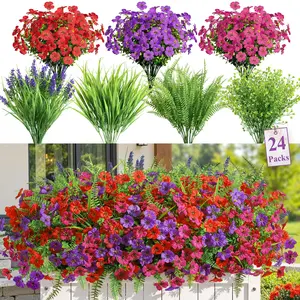 SHareconn 24/48 Bundles Artificial Flowers for Outdoors Spring Summer Decoration, UV Resistant Eucalyptus Violet and Lavender Silk Fake Plants for Outside Indoor Yard Home Patio Decor, Red Rose Purple