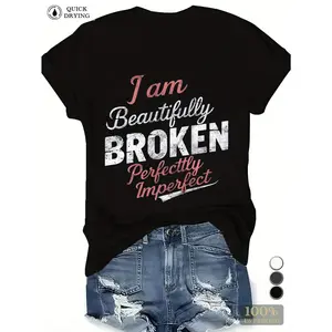 [100% Cotton]  Shirts Women Women'S "I Am Beautifully Broken, Perfectly Imperfect" Graphic Tee - Soft, Casual Style, Short Sleeves, Crew Neck, Machine Washable, Black With Pink And White Text, Allseason Apparel |               Crew N Golf Gift T-Shirt For