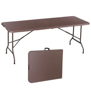 ZENY 6-ft Portable Foldable Table - HDPE Plastic Indoor Outdoor Model with Steel Frame & Handle, Brown Lightweight Outdoor Folding Table for Camping, Party, Lightweight Outdoor Table