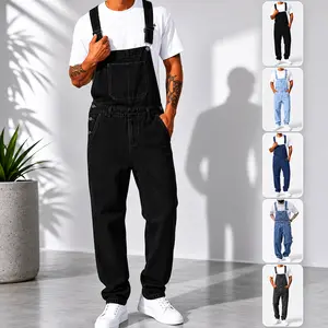 ESDVQ Men's Retro Basic Denim Bib Overalls - Menswear Baggy Adjustable Strapping Dark Denim Overalls with Loose-Fitting Stretch Fabric, Built-In Pockets for Construction, Casual Wear (All Seasons)