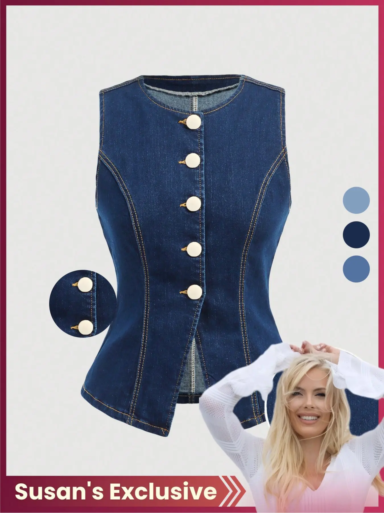 [Susan's Exclusive] Chic Slim-Fit Sleeveless Dark Wash Denim Jacket with Button Closure for Women, High Stretch Fabric, Casual All Seasons Wear, Unique Stylish Design, Vest, Fashion Vest Sleeveless