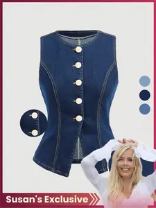 【Susan's Exclusive】Elegant Chic Slim-Fit Sleeveless Denim Jacket Button for Women, High Stretch Fabric, Casual All Seasons Wear, Unique Stylish Design, Vests