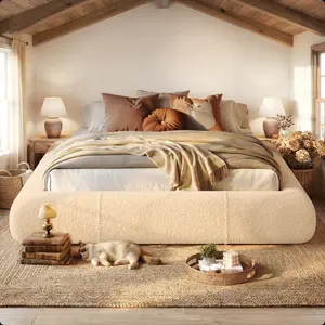 Raybee Furniture Could Bed Frame for King, Anti-collision Marshmallow Bed Frame with Cloud Fabric Upholstered, Boucle Bed Frame with  Rounded Corner, Metal Slats, Holds 990LBS,  Queen, Full