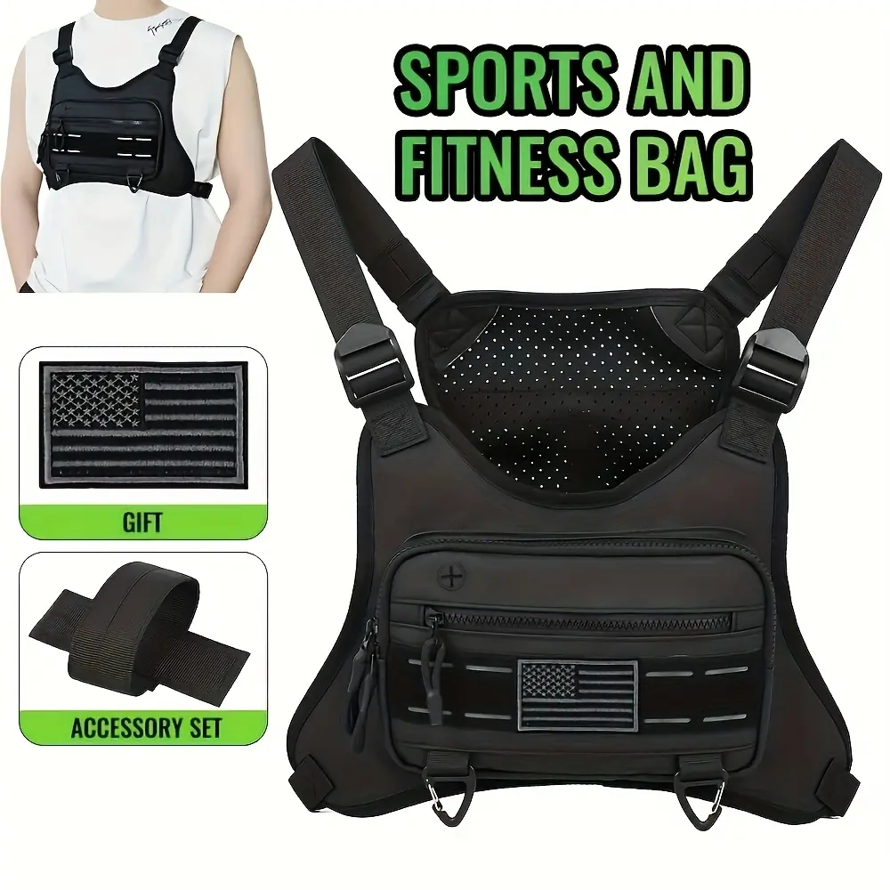[Tactical Chest Bag] Unisex Adjustable Training Vest, Outdoor Activities Sports Equipment with Accessories, Room for Phone, Wallet, Earphones (Black), Active, Men's Accessories, Cycling/Running
