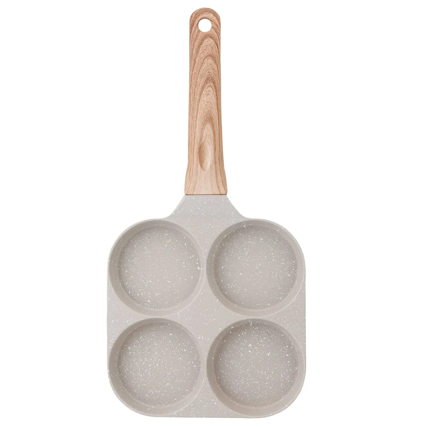 4-Hole Medical Stone Non-Stick Egg Frying Pan with Wooden Handle - Multifunctional 4-Cup Beige Cookware, Pancake Maker for Sausage, Burger & Home Breakfast Quick Cooking, Four Cups