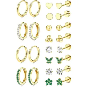 CASSIECA Unisex Gold Plated Small Stud Huggie Hoop Earrings Set, Surgical Steel Flat Back Cartilage Earrings for Earring Stack & Multiple Piercings, Hypoallergenic Gift Jewelry Summervibes